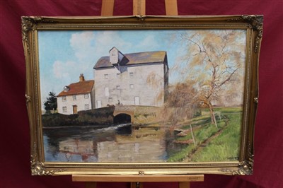 Lot 1213 - Clifford Charles Turner (1920-2018) two oils on board - Essex Mills, signed and framed, 49cm x 79cm and 48cm x 75cm, together with two other oils on board, three watercolours and one mixed media al...