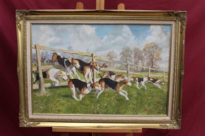 Lot 1214 - Clifford Charles Turner (1920-2018) oil on board - Hounds Bounding through a Fence, signed and framed, 48cm x 74cm, together with two other oils on board and two watercolours, two framed and two un...