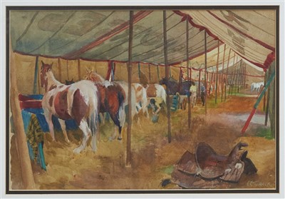 Lot 1215 - Clifford Charles Turner (1920-2018) Watercolour - Horses in Marquee at County Show signed and glaze framed, 36cm x 54cm