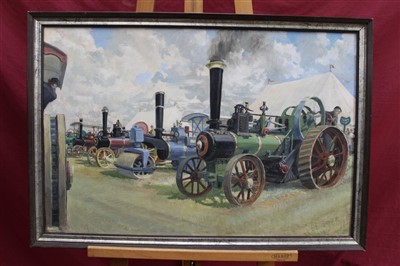 Lot 1217 - Clifford Charles Turner (1920-2018) Two oils on board - Steam Engines on Show, signed and framed, 47cm x 75cm (2)