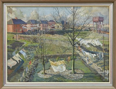 Lot 1218 - Clifford Charles Turner (1920-2018) oil on board - Laundry Drying in the Back Garden, signed and framed, 43cm x 59cm