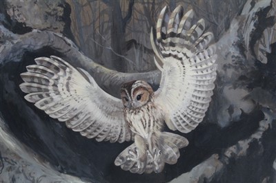 Lot 113 - Clifford Charles Turner (1920-2018) mixed media - Owl Taking Flight, signed and framed, 52cm x 70cm