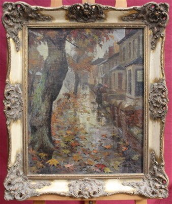 Lot 1221 - Clifford Charles Turner (1920-2018) oil on board - Autumn Street Scene, framed, 49cm x 39cm