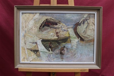 Lot 1223 - Clifford Charles Turner (1920-2018) A pair of oils on board - Fishermen Bathing, signed and framed, 35cm x 53cm together with one other oil on board, signed and framed (3)