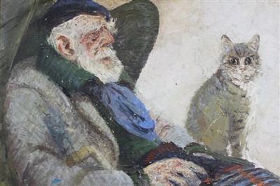 Lot 110 - Clifford Charles Turner (1920-2018) oil on board - Elderly Man Seated with Cat, framed, 59cm x 75cm together with three other portraits, two oils on canvas and one oil on board, two framed, one unf...