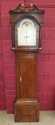 Lot 681 - George III oak longcase clock, B. Greening, Chepstow, arched painted dial with moon phase, twin train movement striking on a bell, 220cm high