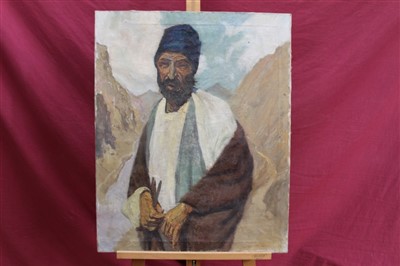 Lot 1225 - Clifford Charles Turner (1920-2018) oil on board - Portrait of Zulu Warrior with Cattle, framed, 61cm x 48cm together with four other African Portraits, two oils on board, framed and two oils on ca...