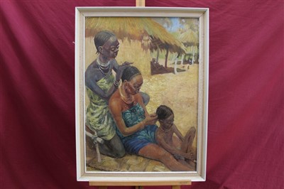 Lot 1226 - Clifford Charles Turner (1920-2018) oil on board - African Females Braiding Hair, framed, 74cm x 54cm