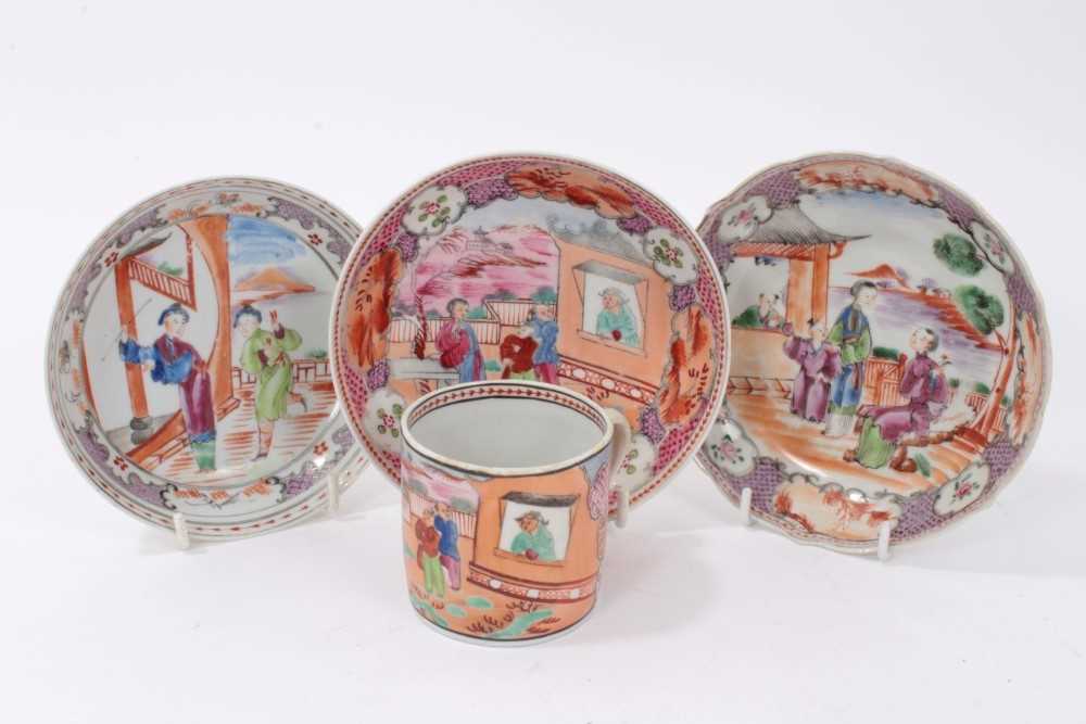 Lot 137 - A New Hall 'Boy at the Window' pattern can and saucer, circa 1800, and two 18th century Chinese saucers