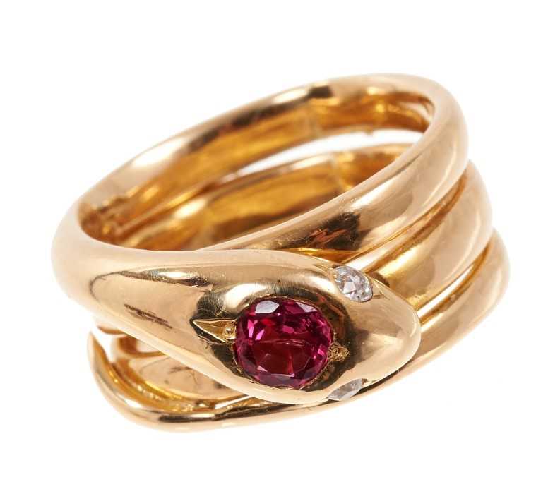 Lot 544 - Tiffany & Co. 18ct gold and ruby snake ring