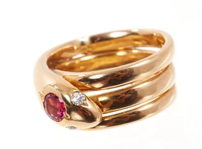 Lot 544 - Tiffany & Co. 18ct gold and ruby snake ring