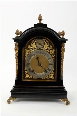 Lot 656 - Good quality late Victorian mantel clock with arched gilt and silvered dial with slow/fast subsidiary dial in arch ,8 day movement striking on two gongs in ornate ebonised and ormolu mounted dome t...