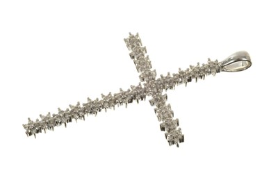 Lot 555 - Diamond and white gold cross pendant with flower head clusters of single cut diamonds in 9ct white gold setting. Estimated total diamond weight approximately 1ct. Length 64mm