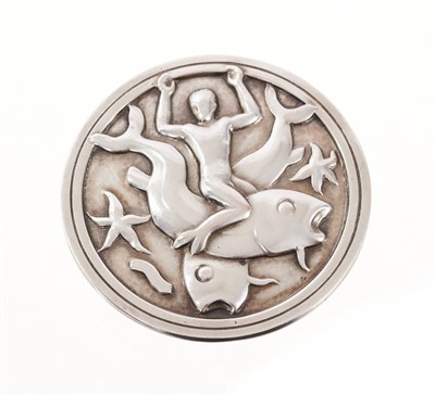 Lot 558 - Georg Jensen silver circular plaque brooch depicting a merman, fishes and star fish, signed and numbered with model number 285 London hallmarks 1948. Diameter 42mm.