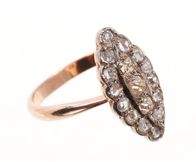 Lot 561 - Antique Russian rose gold and diamond cluster ring with a marquise shape cluster of old cut and brilliant cut diamonds on gold shank, Moscow marks, finger size P.