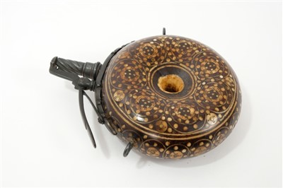 Lot 947 - Rare and fine late 16th century German or Austrian doughnut form wheel lock powder flask