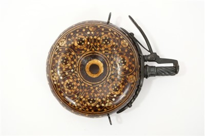 Lot 947 - Rare and fine late 16th century German or Austrian doughnut form wheel lock powder flask