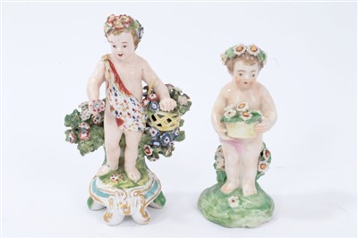 Lot 147 - Two late 18th century Derby porcelain seasons figures with putti holding baskets of flowers 11-12.5cm