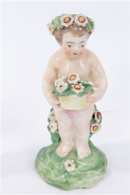Lot 147 - Two late 18th century Derby porcelain seasons figures with putti holding baskets of flowers 11-12.5cm