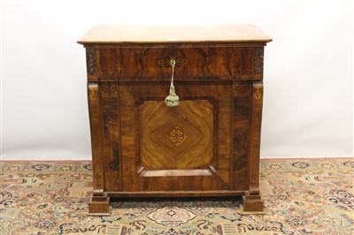 Lot 1424 - 19th century Scandinavian walnut and parquetry side cabinet, with deep drawer enclosing inlaid short drawers, and recessed cupboard below raised on square projecting supports, 88cm wide x 57cm deep...