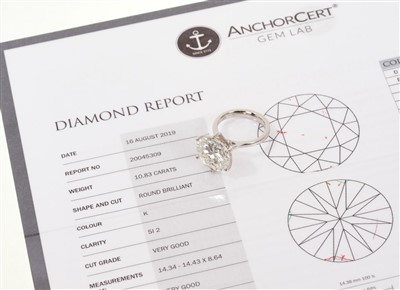 Lot 406 - A fine diamond single stone ring with a brilliant cut diamond weighing 10.83 carats, accompanied by an Anchorcert Diamond Report dated 16th August 2019 stating the weight, colour K, clarity SI1, cu...