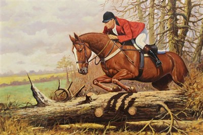 Lot 978 - John Seerey-Lester (b.1945) oil on canvas - a hunting scene with a gentleman riding a chestnut hunter over a log, signed, in glilt frame, 50cm x 70cm