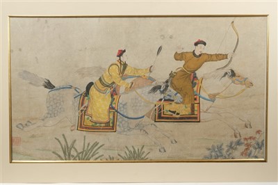 Lot 951 - Fine Chinese watercolour after the Qianlong Court Ruyiguan studio depicting The Qianlong Emperor and Imperial woman hunting a deer