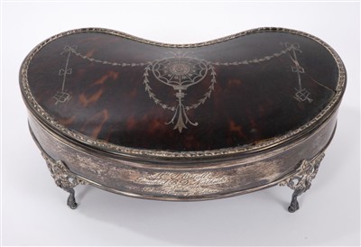 Lot 415 - Large silver and Tortoiseshell mounted kidney shaped jewellery box