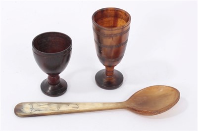 Lot 1290 - Two 18th century horn cups together with horn spoon