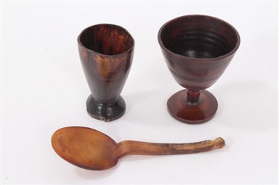 Lot 1291 - Two 18th century horn cups together with horn spoon