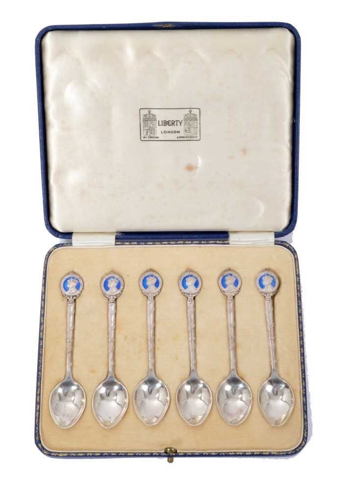 Lot 77 - Six Royal enamel top spoons 1936 by Liberty in original box