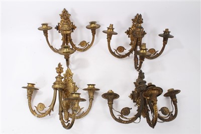 Lot 1761 - Set of four good quality late 19th / early 20th century ormolu three branch wall lights