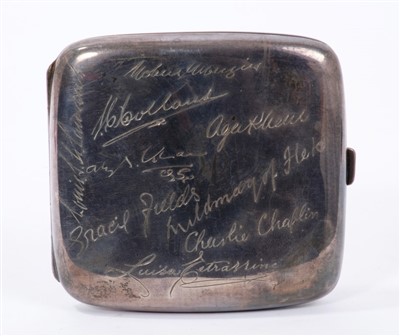 Lot 411 - Unusual 1920s silver cigarette case with engraved signatures of Gracie Fields, Charlie Chaplin, Aga Khan and others