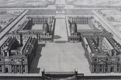 Lot 1561 - Colen Campbell (c.1676-1729) engraving by Henry Hulsbergh - The prospect of the Royal Hospital at Greenwich to the River Thames, circa 1715, in glazed gilt and ebonised frame, 33cm x 50cm