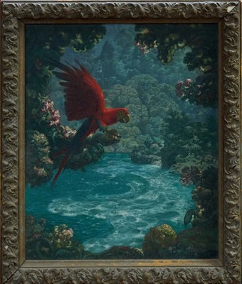 Lot 1591 - Ernest Charles Wallcousins (1883-1976) oil on board ‘The home of the Macaw’ titled to label verso, 56 x 46cm, framed 
 Provenance: By family descent from the artist