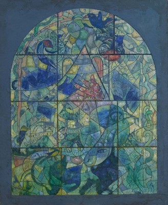 Lot 1592 - Ernest Charles Wallcousins (1883-1976) oil on board - Design for a stained glass window in the manner of Chagall, 76 x 61cm.