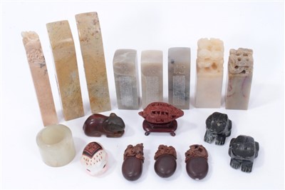 Lot 1206 - Group of Chinese hardstone seals, jade archer’s ring and other carvings