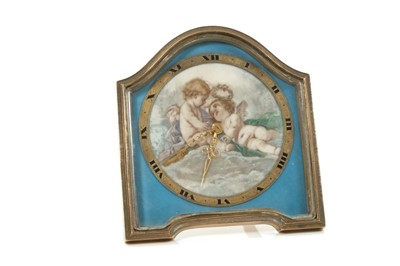 Lot 846 - Swiss Desk / dressing table clock with hand painted scene depicting cherubs