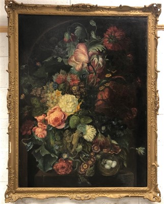 Lot 1350 - 18th century Continental school oil on canvas - still life profusion of summer flowers with a birds nest, in gilt frame, 121cm x 91cm