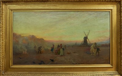 Lot 1349 - Robert Farren (1832-1910) oil on canvas - Field workers and a heavy horse at work before a windmill, monogrammed and dated 1872, inscribed verso, in gilt frame, 72cm x 132cm