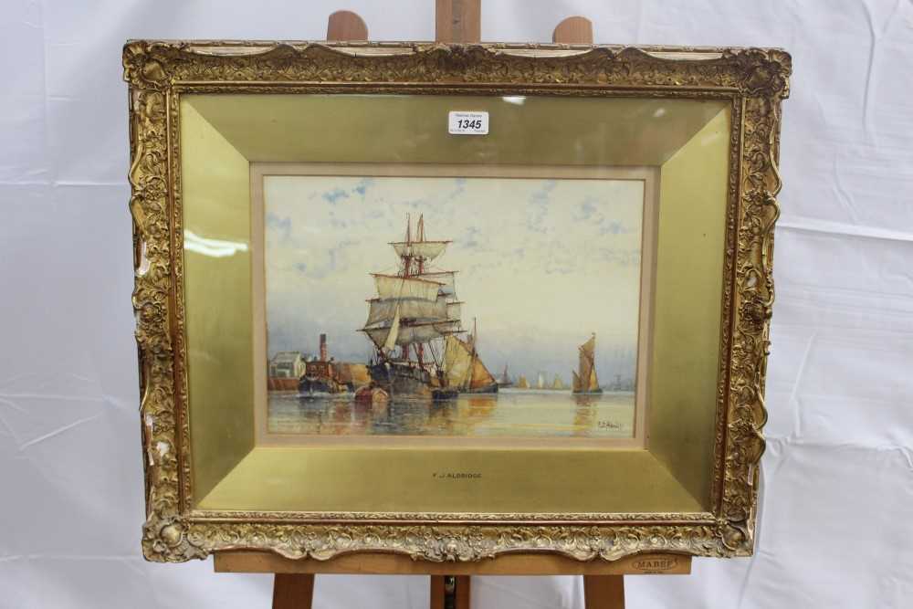 Lot 1345 - Frederick James Aldridge (1850-1933) watercolour - Trawlers on The Thames, signed, in glazed gilt frame