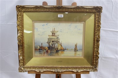 Lot 1345 - Frederick James Aldridge (1850-1933) watercolour - Trawlers on The Thames, signed, in glazed gilt frame