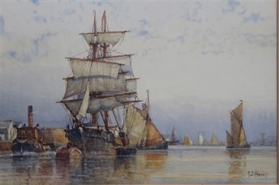 Lot 1345 - Frederick James Aldridge (1850-1933) watercolour - Trawlers on The Thames, signed, in glazed gilt frame