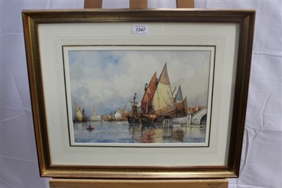 Lot 1347 - Frederick James Aldridge (1850-1933) pair of watercolours - shipping on the river, signed and inscribed, in glazed gilt frames