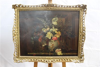 Lot 1348 - Manner of John Wainwright (act.1860-1869) oil on canvas - still life of summer flowers in a jug, in gilt frame