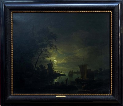 Lot 1473 - Lambrecht Den Tyn (1770-1816) oil on canvas - Moonlit view on the river, in ebonised frame, 64cm x 75cm