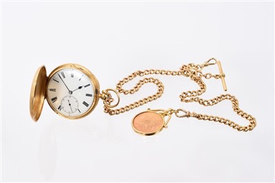 Lot 827 - 18ct gold hunter pocket watch on 18ct chain with drive dollar American coin fob