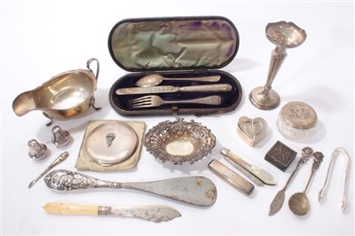 Lot 408 - Miscellaneous silver to include a sauce boat, three piece christening set in case and other items