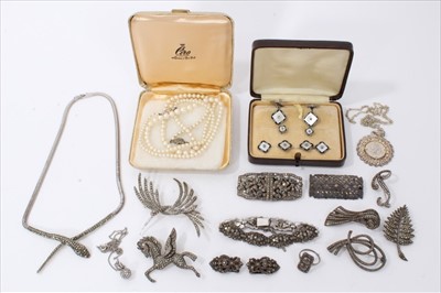 Lot 3274 - Group of silver and marcasite jewellery, two cultured pearl necklaces and costume jewellery