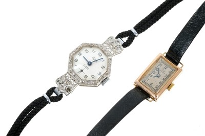 Lot 819 - Art Deco18ct white gold and diamond cocktail watch and a 1930s 9ct gold wristwatch